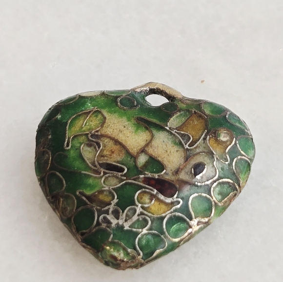 Vintage Small Green and Yellow Heart Cloisonne' Pendant - Picture 5 of 5